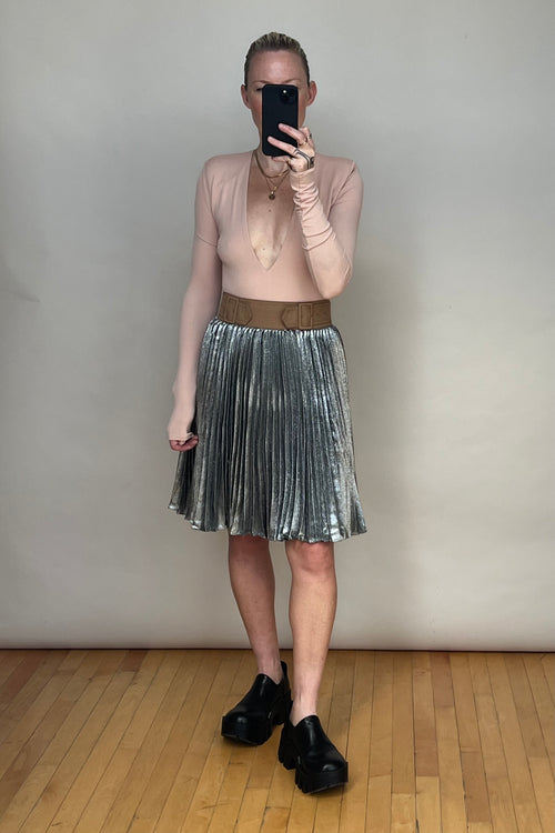 Silver Metallic Pleated Midi Skirt