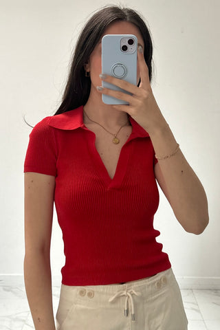 Red Ribbed Polo Top