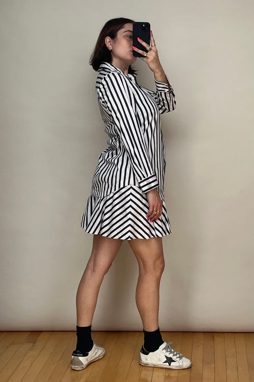 White & Black Striped Flounched Shirt Dress