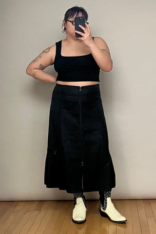 Black Coated Linen Zip Skirt
