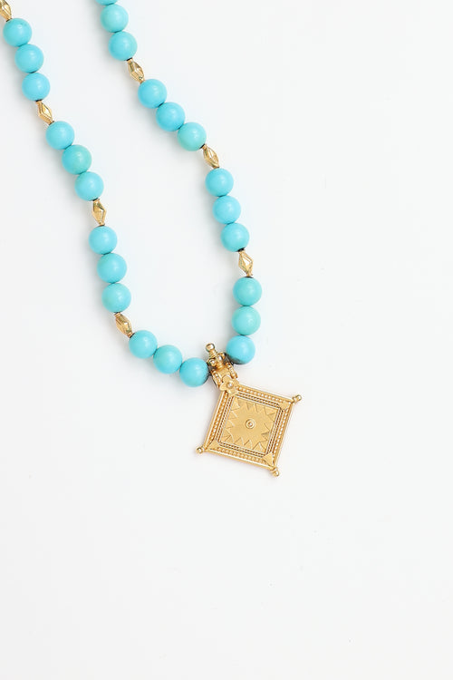 Fine Jewelry 18K Yellow Gold Pendant & Turquoise Bead Necklace