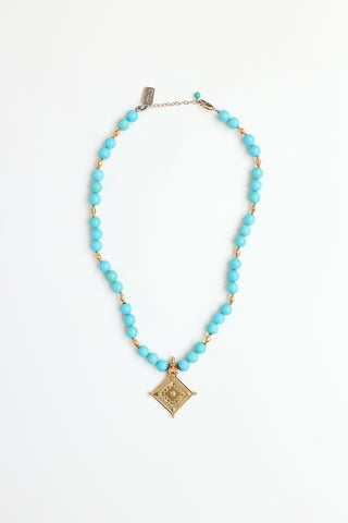 Fine Jewelry 18K Yellow Gold Pendant & Turquoise Bead Necklace