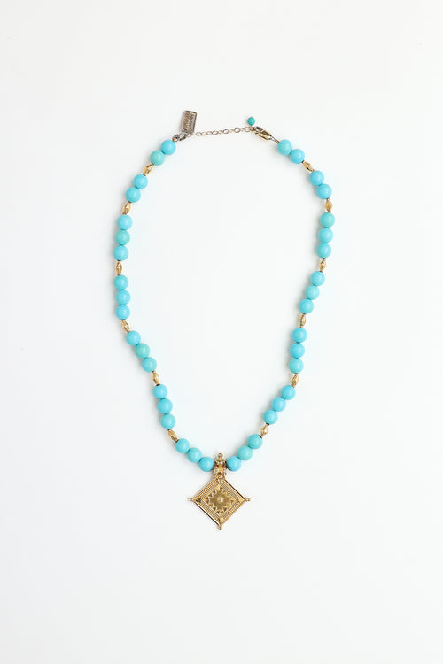 Fine Jewelry 18K Yellow Gold Pendant & Turquoise Bead Necklace
