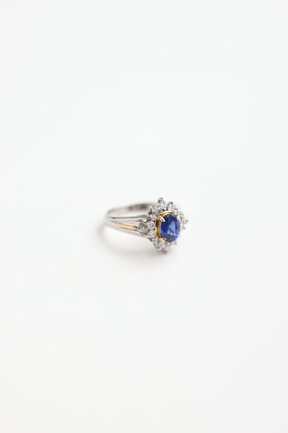 Fine Jewelry 18K Yellow Gold & Platinum Saphhire & Diamond Cluster Ring