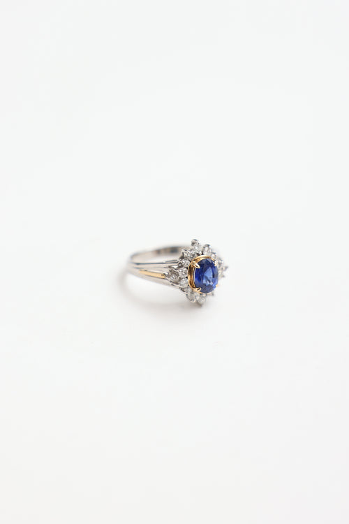 Fine Jewelry 18K Yellow Gold & Platinum Saphhire & Diamond Cluster Ring
