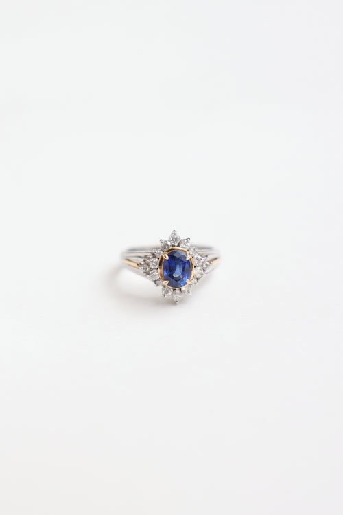 Fine Jewelry 18K Yellow Gold & Platinum Saphhire & Diamond Cluster Ring