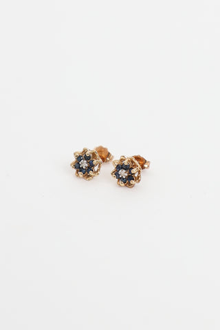 Fine Jewelry 10K Yellow Gold Sapphire and Diamond Floweer Stud Earrings