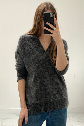 Grey Fuzzy V-Neck Sweater