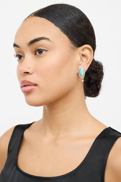 Fine Jewelry 14K White Gold Diamond Turqoise Large Earrings