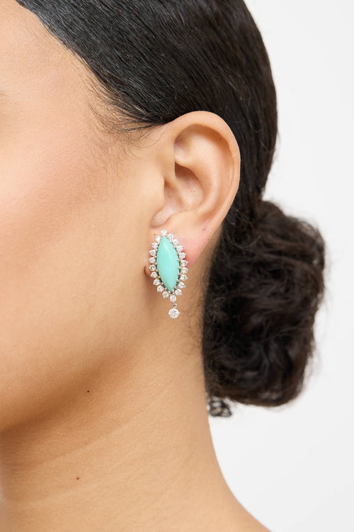 Fine Jewelry 14K White Gold Diamond Turqoise Large Earrings