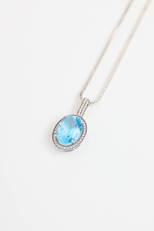 Fine Jewelry 14K White Gold Blue Topaz and Diamond Necklace