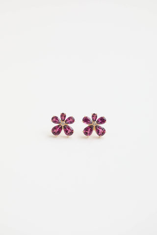 Fine Jewelry 14K Yellow Gold Garnet and Diamond Flower Stud Earrings