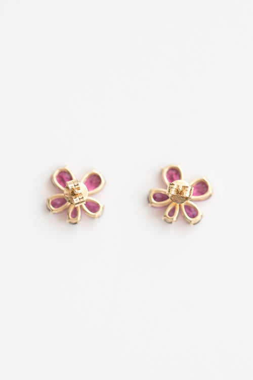 Fine Jewelry 14K Yellow Gold Garnet and Diamond Flower Stud Earrings