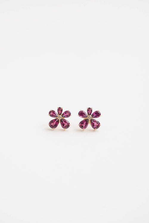 Fine Jewelry 14K Yellow Gold Garnet and Diamond Flower Stud Earrings