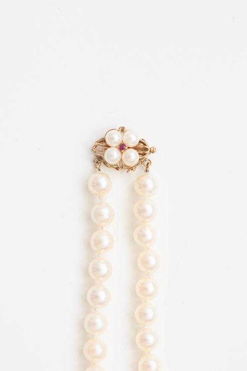 Fine Jewelry 14K Yellow Gold Pearl Ruby Clasp Necklace