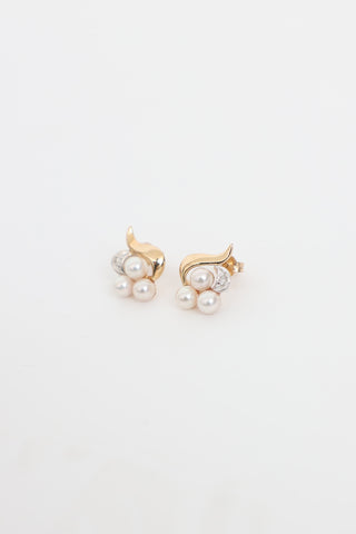 Fine Jewelry 14K Yellow and White Gold Pearl and Diamond Stud Earrings