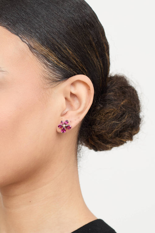 Fine Jewelry 14K Yellow Gold Garnet and Diamond Flower Stud Earrings