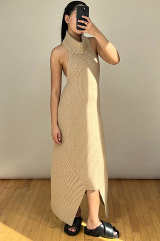 Beige Akiko Knit Halterneck Dress