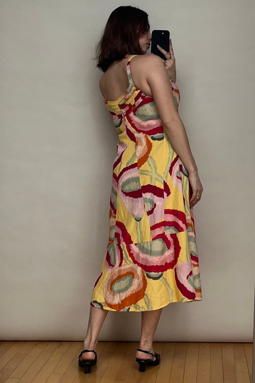 Yellow & Multicolour Floral Pleated Dress