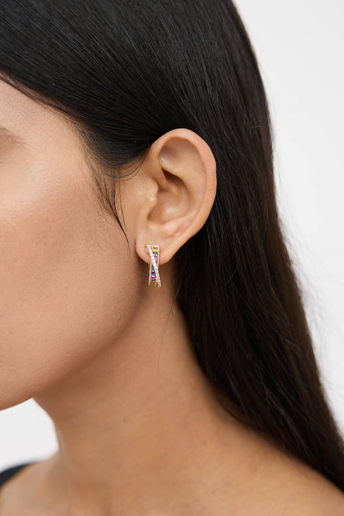 18K Yellow Gold Sapphire Diamond Hoop Earrings