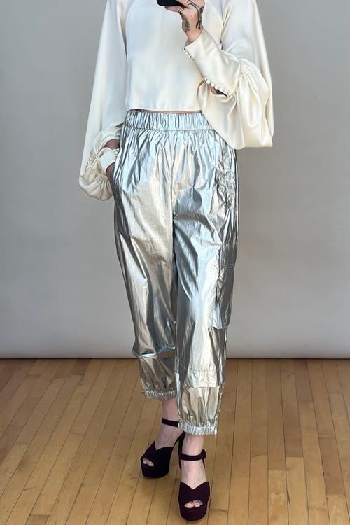 Silver Metallic Cropped Cargo Trousers