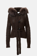Moncler Wool Lattice Knit Hooded Cardigan