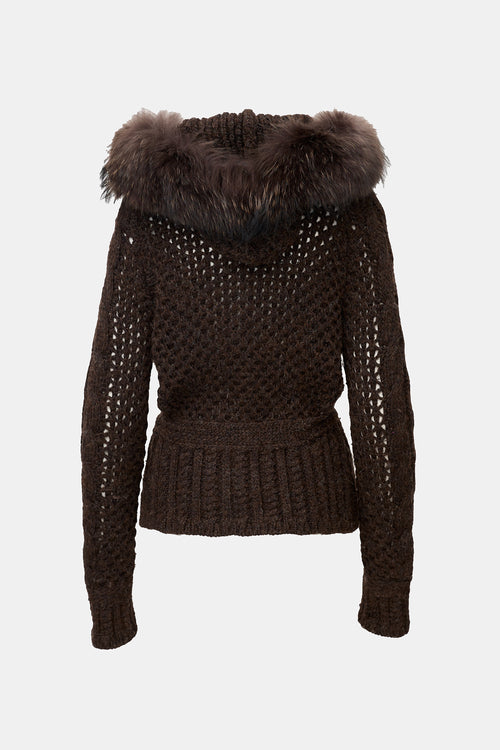Moncler Wool Lattice Knit Hooded Cardigan