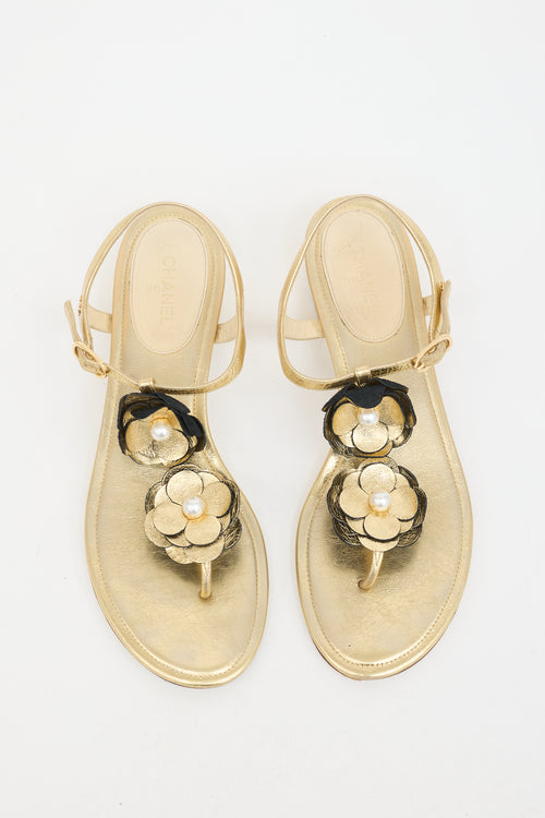 Chanel Metallic Leather Camellia CC Sandal