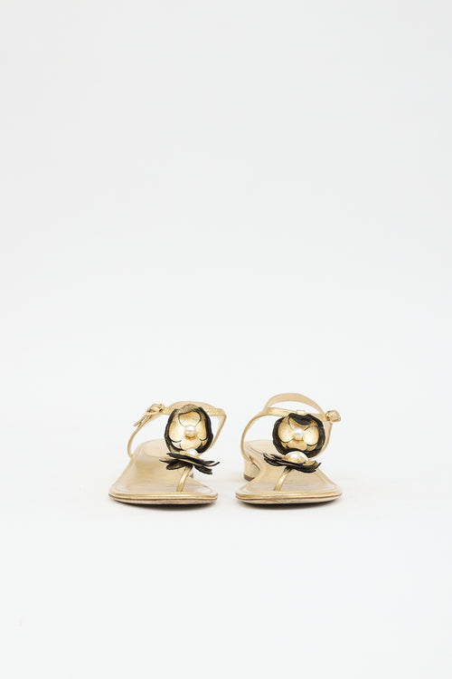 Chanel Metallic Leather Camellia CC Sandal