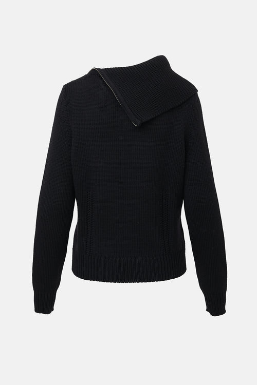 Celine Wool Ribbed Knit Zip Sweater