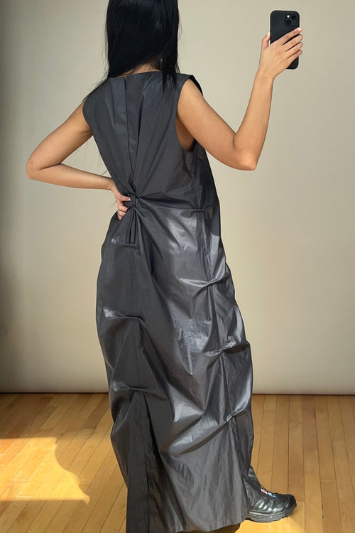 Black Nylon Gathered Maxi Dress