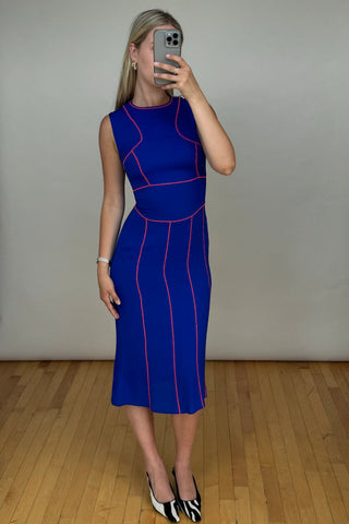 Blue & Neon Pink Silk Panelled Midi Dress