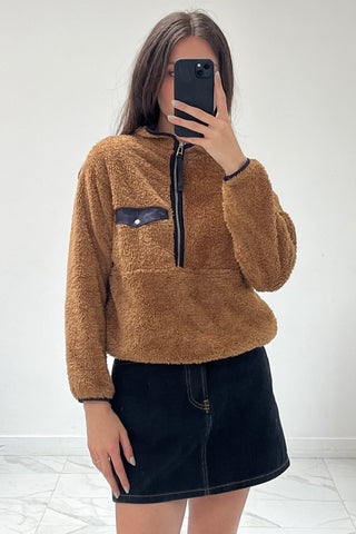 Brown Faux Shearling Half Zip Sweater