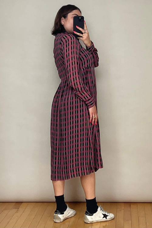 Black & Pink Check Gathered Midi Dress