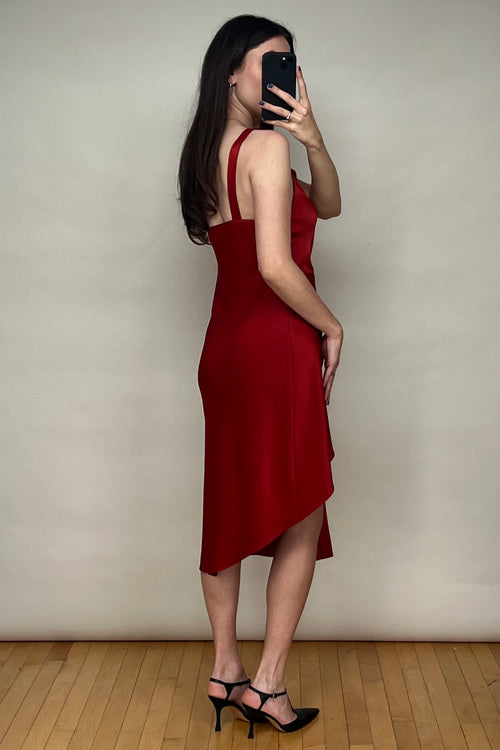 Red Satin Asymmetric V-Neck Dress