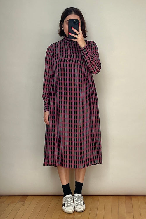 Black & Pink Check Gathered Midi Dress