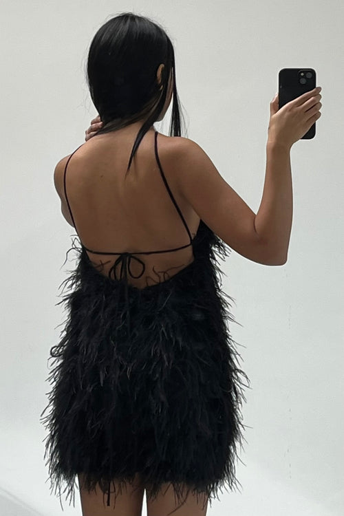 Black Feather Halter Mini Dress