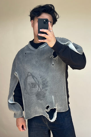 Grey & Black Distressed Layered Crewneck Sweater