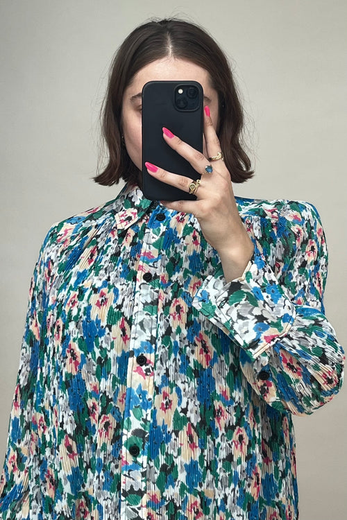 Blue & Multicolour Plissé Floral Shirt Dress