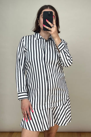 White & Black Striped Flounched Shirt Dress