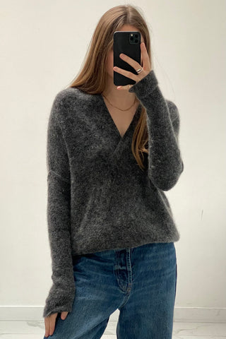 Grey Fuzzy V-Neck Sweater