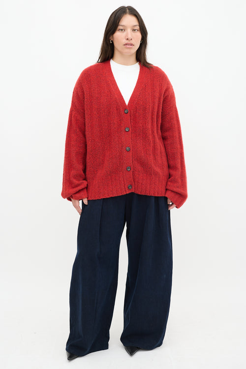 6397 Red Wool Knit Ribbed Cardigan