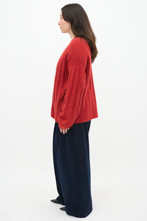 6397 Red Wool Knit Ribbed Cardigan