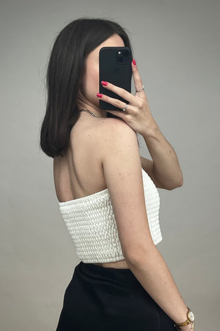 White Smocked Faux Leather Tube Top