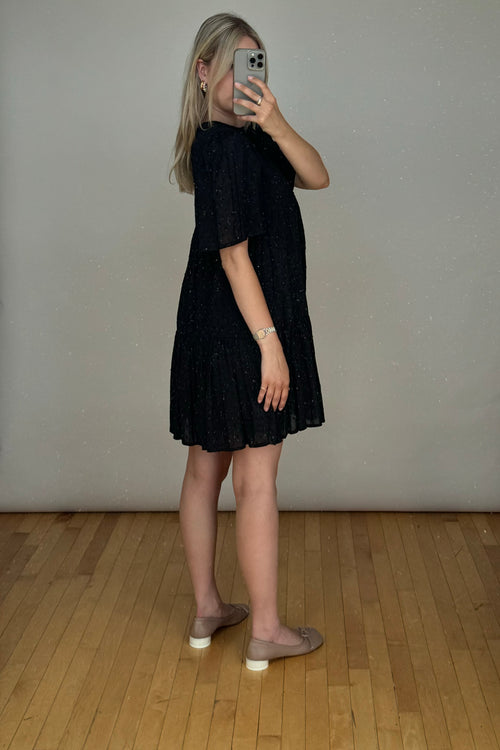 Black Dotted Cotton Tiered Mini Dress