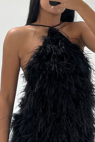 Black Feather Halter Mini Dress
