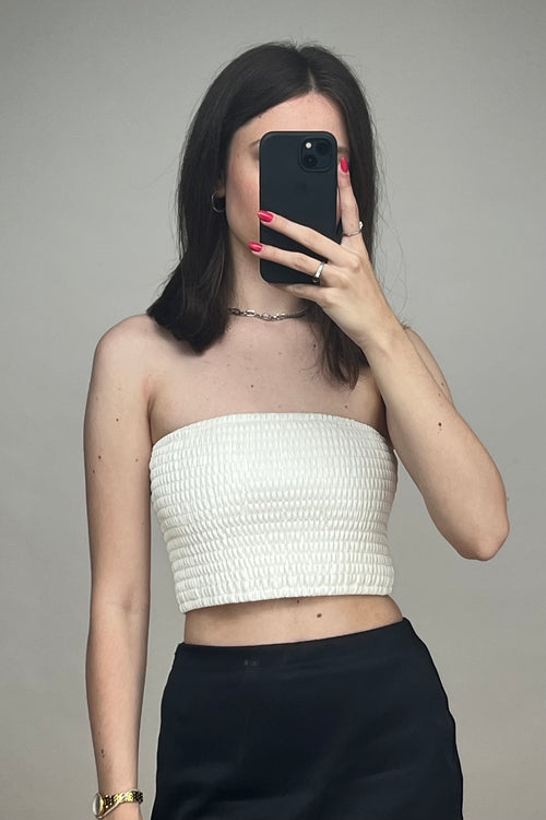 White Smocked Faux Leather Tube Top