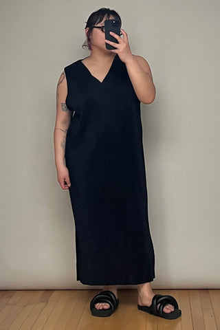 Black Pleated V-Neck Dress