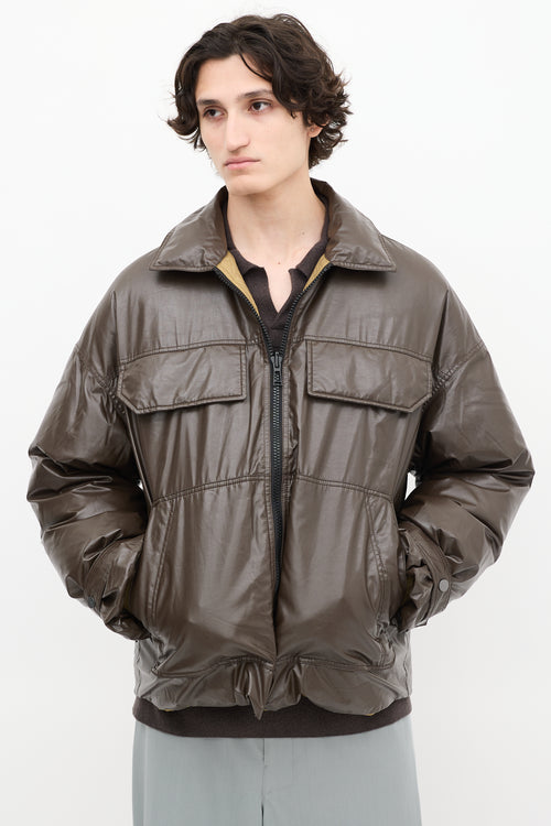 A. A. Spectrum Dark Brown & Khaki Green Reversible Down Puffer Jacket