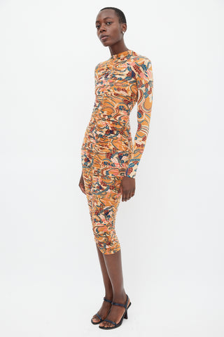 A.L.C. Orange & Multicolour Floral Ruched Dress